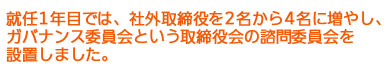 就任1年目では、社外取締役を2名から4名に増やし、ガバナンス委員会という取締役会の諮問委員会を設置しました。