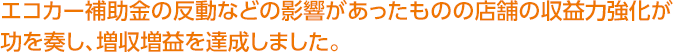 エコカー補助金の反動などの影響があったものの店舗の収益力強化が功を奏し、増収増益を達成しました。