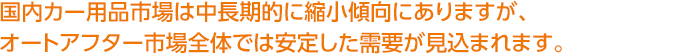 国内カー用品市場は中長期的に縮小傾向にありますが、オートアフター市場全体では安定した需要が見込まれます。