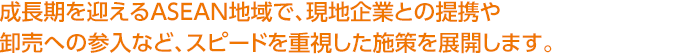 成長期を迎えるASEAN地域で、現地企業との提携や卸売への参入など、スピードを重視した施策を展開します。